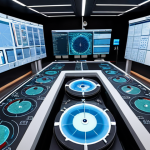 **A highly detailed, modern water utility control center in a major French city.** Large holographic displays show intricate data models of water flow, leak detection highlighted by AI-driven algorithms, and real-time drone footage of underground pipe networks. Engineers and data scientists, focused yet calm, monitor sophisticated dashboards. In the background, a sleek, state-of-the-art water treatment plant, designed like a resource valorization factory, subtly emits clean steam, symbolizing the circular economy of water. The scene emphasizes technological innovation, predictive management, and extreme efficiency. *Focus on precision, high-tech elements, and a sense of controlled power. French architectural elements can be subtly integrated.*