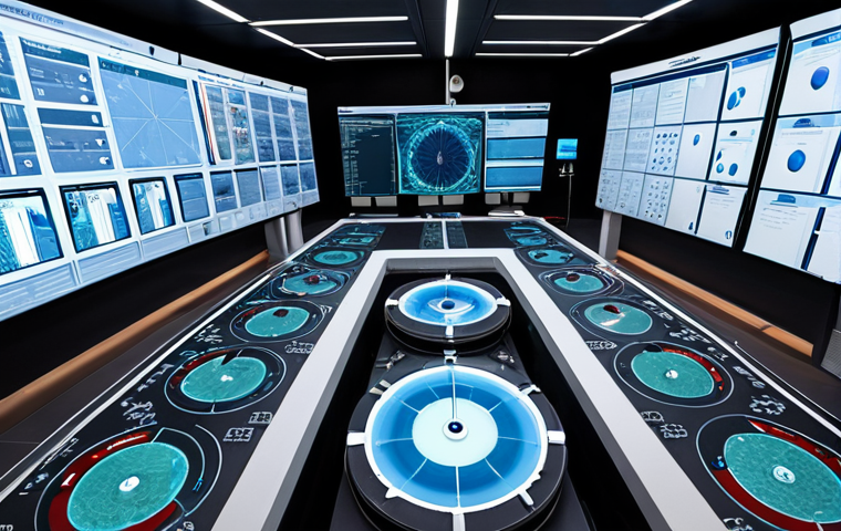 **A highly detailed, modern water utility control center in a major French city.** Large holographic displays show intricate data models of water flow, leak detection highlighted by AI-driven algorithms, and real-time drone footage of underground pipe networks. Engineers and data scientists, focused yet calm, monitor sophisticated dashboards. In the background, a sleek, state-of-the-art water treatment plant, designed like a resource valorization factory, subtly emits clean steam, symbolizing the circular economy of water. The scene emphasizes technological innovation, predictive management, and extreme efficiency. *Focus on precision, high-tech elements, and a sense of controlled power. French architectural elements can be subtly integrated.*