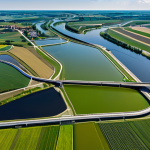 A wide, clear, professional aerial view of a modern European water management landscape. The scene depicts a river basin with areas showing resilience, featuring advanced, clean water treatment facilities with visible smart sensors and efficient pipelines. In the background, subtle visual cues of varied weather patterns, representing the changing climate, but the overall impression is one of human ingenuity and adaptation. Professional photography, high detail, realistic, vivid colors, safe for work, appropriate content, fully clothed, professional.