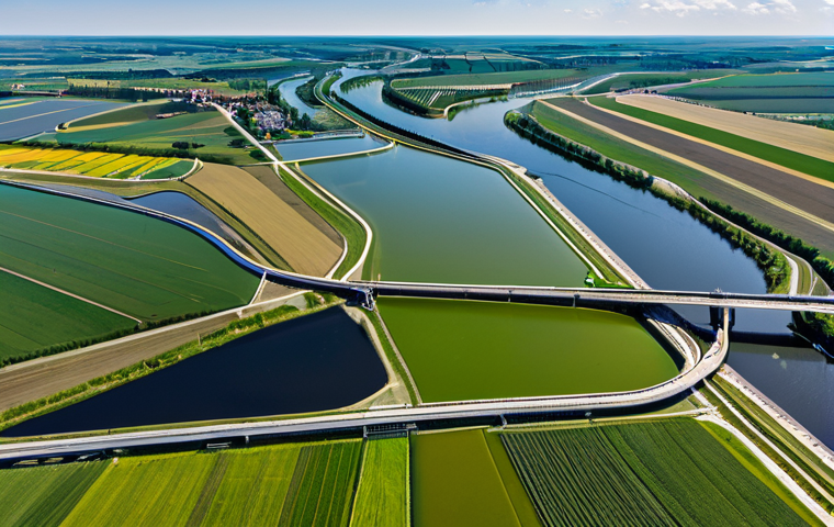A wide, clear, professional aerial view of a modern European water management landscape. The scene depicts a river basin with areas showing resilience, featuring advanced, clean water treatment facilities with visible smart sensors and efficient pipelines. In the background, subtle visual cues of varied weather patterns, representing the changing climate, but the overall impression is one of human ingenuity and adaptation. Professional photography, high detail, realistic, vivid colors, safe for work, appropriate content, fully clothed, professional.