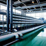 **Prompt:** A clean and expansive modern water treatment facility, showcasing large industrial pipes, advanced filtration systems, and powerful pumps, all operating efficiently under bright, clear lighting. In the background, a glimpse of energy production infrastructure, subtly illustrating the interconnectedness of water and energy. The scene emphasizes technological advancement and sustainability. Professional industrial photography, high detail, sharp focus, clean lines, fully clothed, appropriate attire, safe for work, perfect anatomy, correct proportions, natural body proportions, professional, family-friendly.