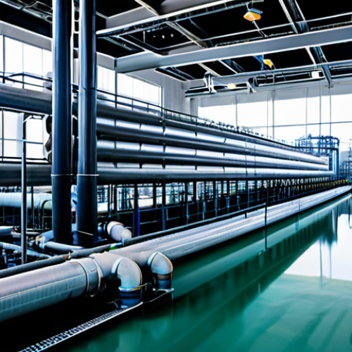 **Prompt:** A clean and expansive modern water treatment facility, showcasing large industrial pipes, advanced filtration systems, and powerful pumps, all operating efficiently under bright, clear lighting. In the background, a glimpse of energy production infrastructure, subtly illustrating the interconnectedness of water and energy. The scene emphasizes technological advancement and sustainability. Professional industrial photography, high detail, sharp focus, clean lines, fully clothed, appropriate attire, safe for work, perfect anatomy, correct proportions, natural body proportions, professional, family-friendly.