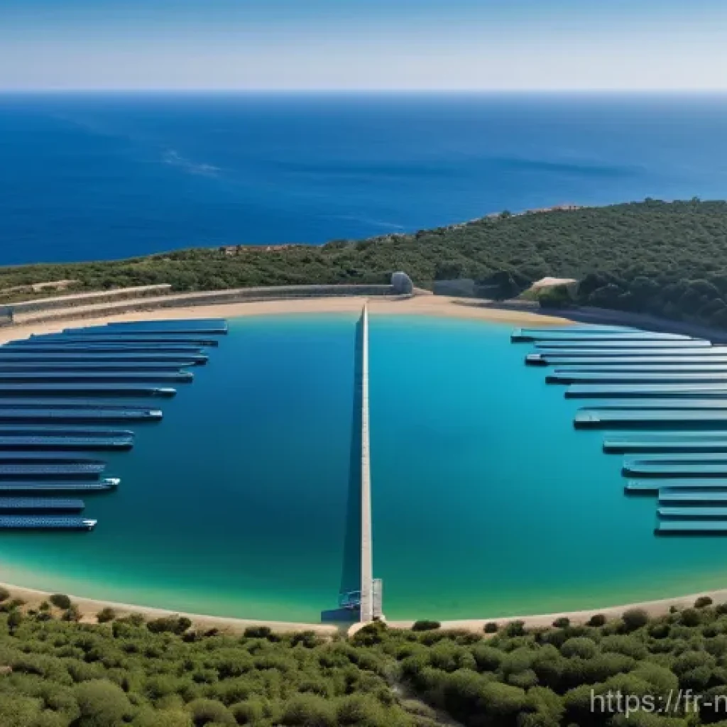 해수담수화 기술과 통합 수자원 관리 - **Prompt:** A futuristic, sleek, and eco-friendly reverse osmosis desalination plant nestled on the ...