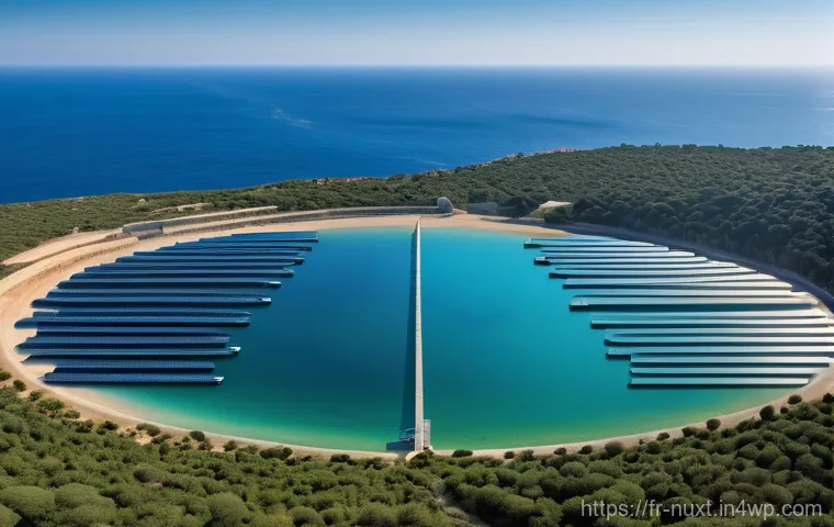 해수담수화 기술과 통합 수자원 관리 - **Prompt:** A futuristic, sleek, and eco-friendly reverse osmosis desalination plant nestled on the ...