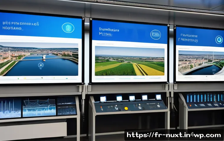 통합 수자원 관리에서의 기술적 도전 - A detailed, realistic depiction of a modern French water distribution network control room, showcasi...