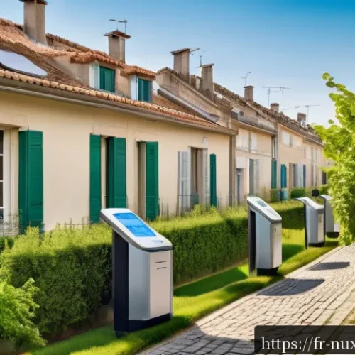 Home 31 지방 정부의 수자원 관리 역할 - A modern French suburban neighborhood street scene featuring smart water meters installed on residen...
