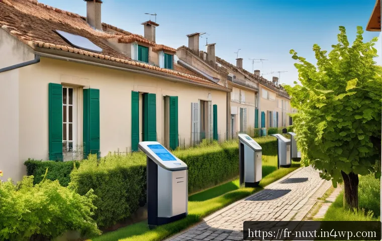 지방 정부의 수자원 관리 역할 - A modern French suburban neighborhood street scene featuring smart water meters installed on residen...