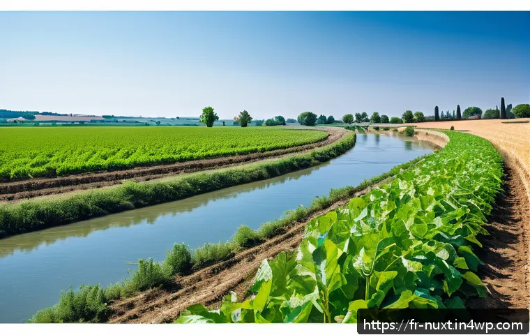 전국 통합 수자원 관리 계획 - A vibrant French rural landscape during summer drought, showing a patchwork of agricultural fields w...