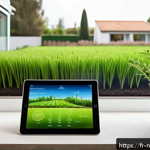 Home 17 효율적인 물 관리 시스템 구축 전략 - A modern French suburban home garden featuring a smart automated irrigation system with visible soil...