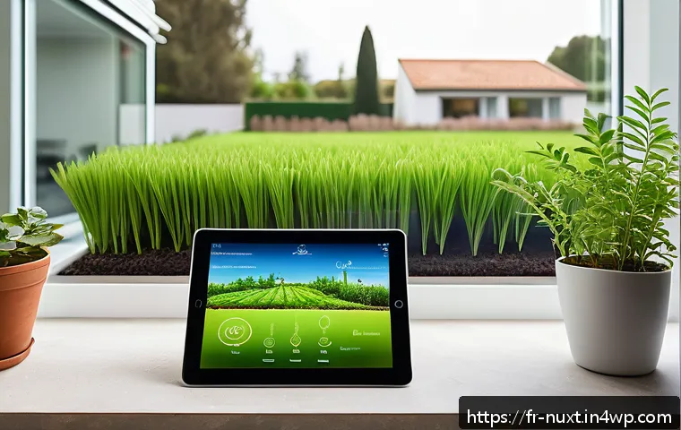 효율적인 물 관리 시스템 구축 전략 - A modern French suburban home garden featuring a smart automated irrigation system with visible soil...