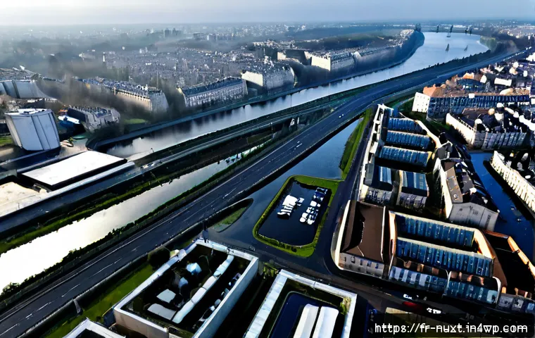 도시화가 수자원 관리에 미치는 영향 - Photorealistic aerial view of a dense French city beside a winding river, modern apartment blocks, h...